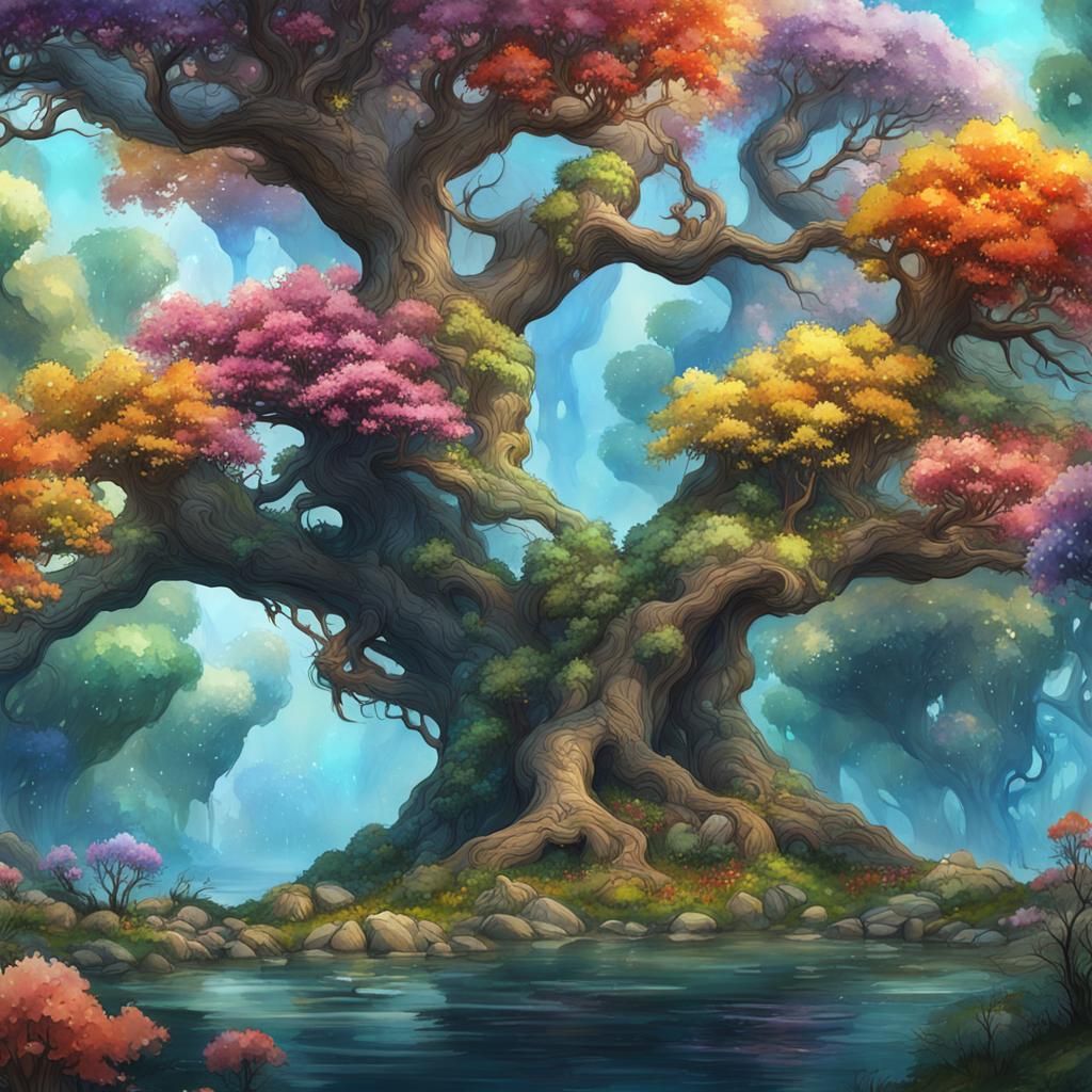 Watercolor Reality Trees with Multicolored Flowers