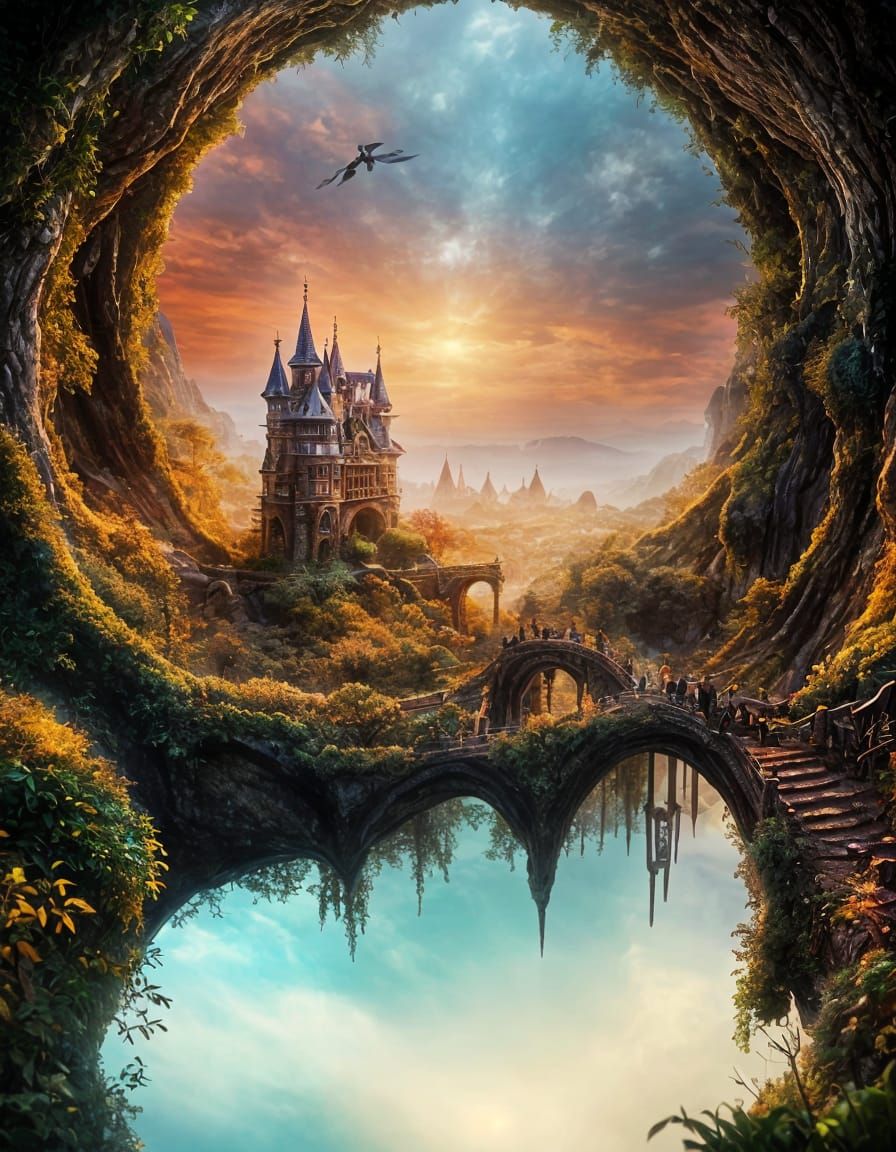 Fantasy Village Inside Enchanted Ring at Golden Hour