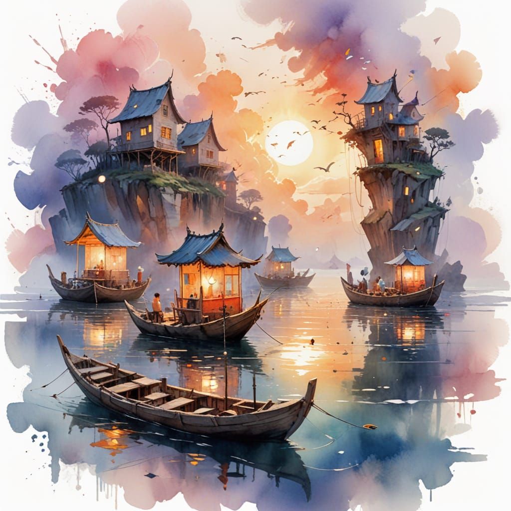 Driftwood Floating Village on Ocean in Watercolour