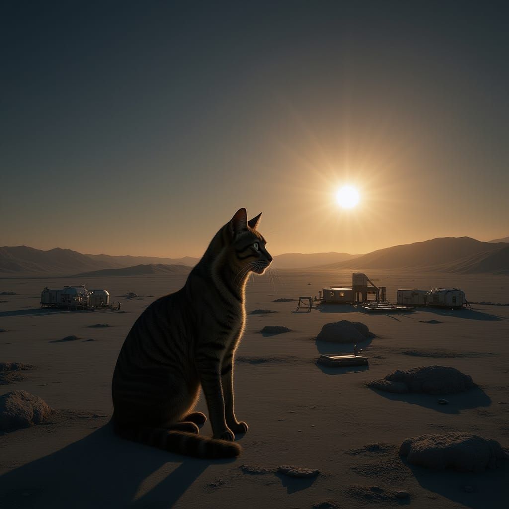 Cat Surveys Moon Colony at Dawn in Stylized Realism