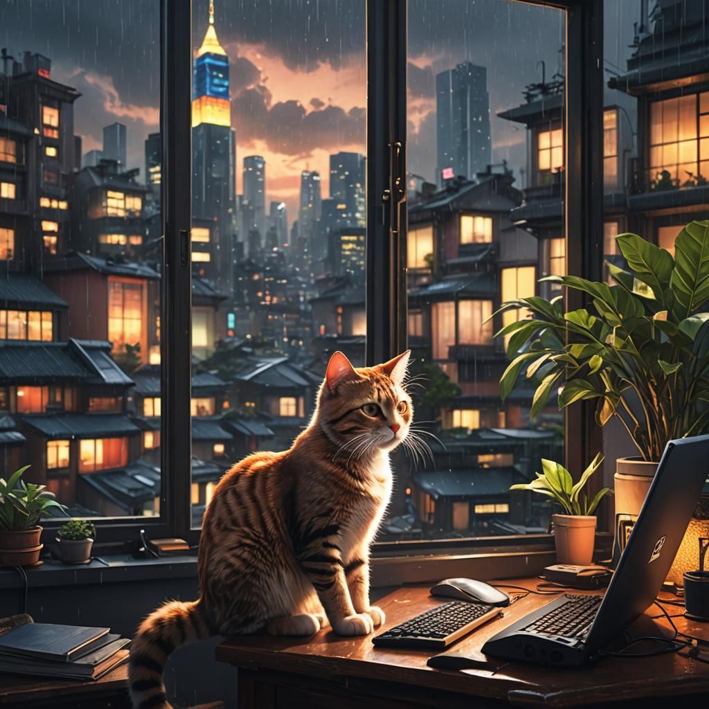 Cat Typing in Tokyo Room: Digital Art
