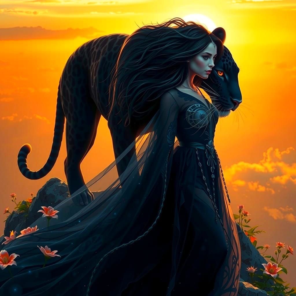 Ethereal Goddess Strolls Beside Sleek Jaguar in Hyperrealist...