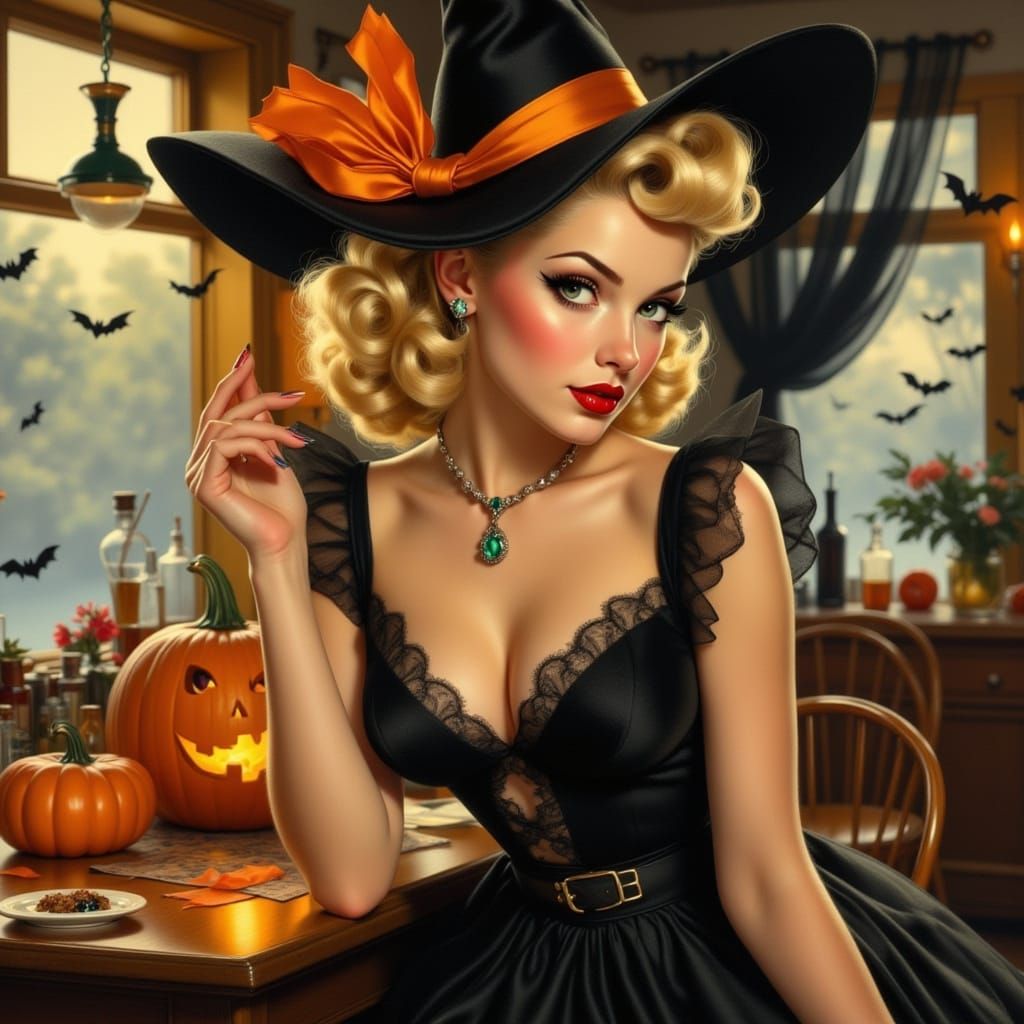 Charming Witch in Pin-Up Style Illustration