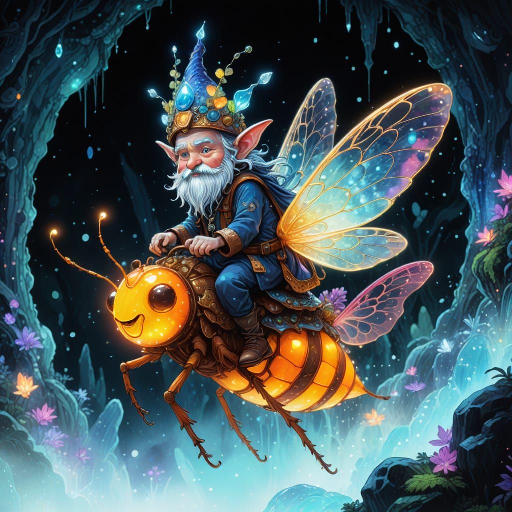 Ethereal Manga Gnome Rides Firefly in Grotto