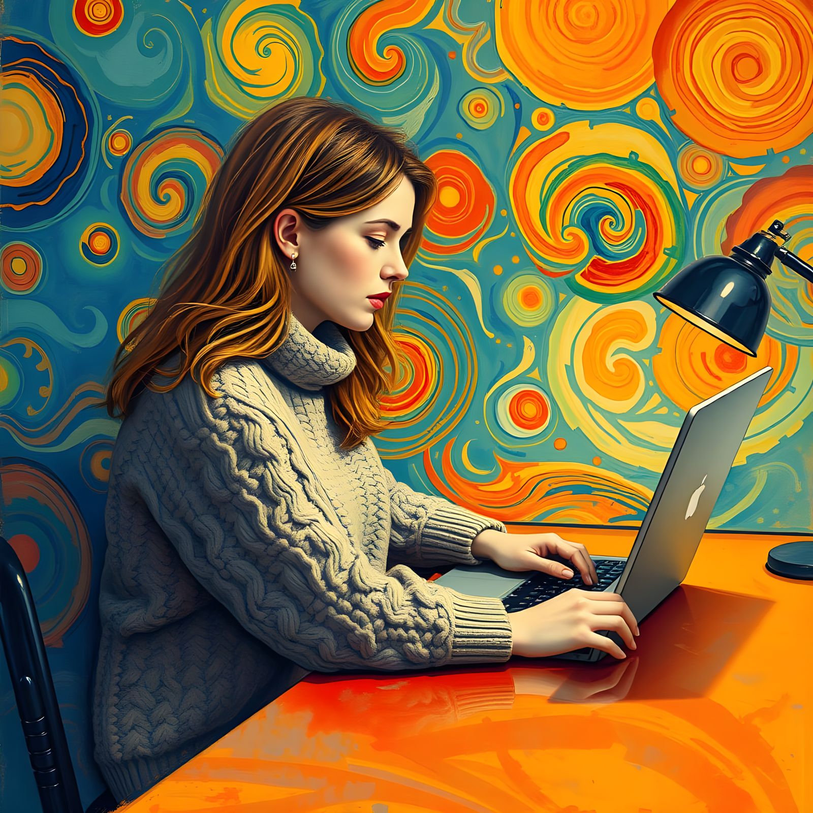 Woman at Laptop in Van Gogh Post-Impressionist Style