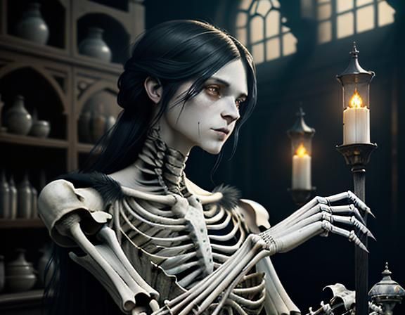 Furry Skeleton Cleans Bones: Dark Fantasy Concept Art