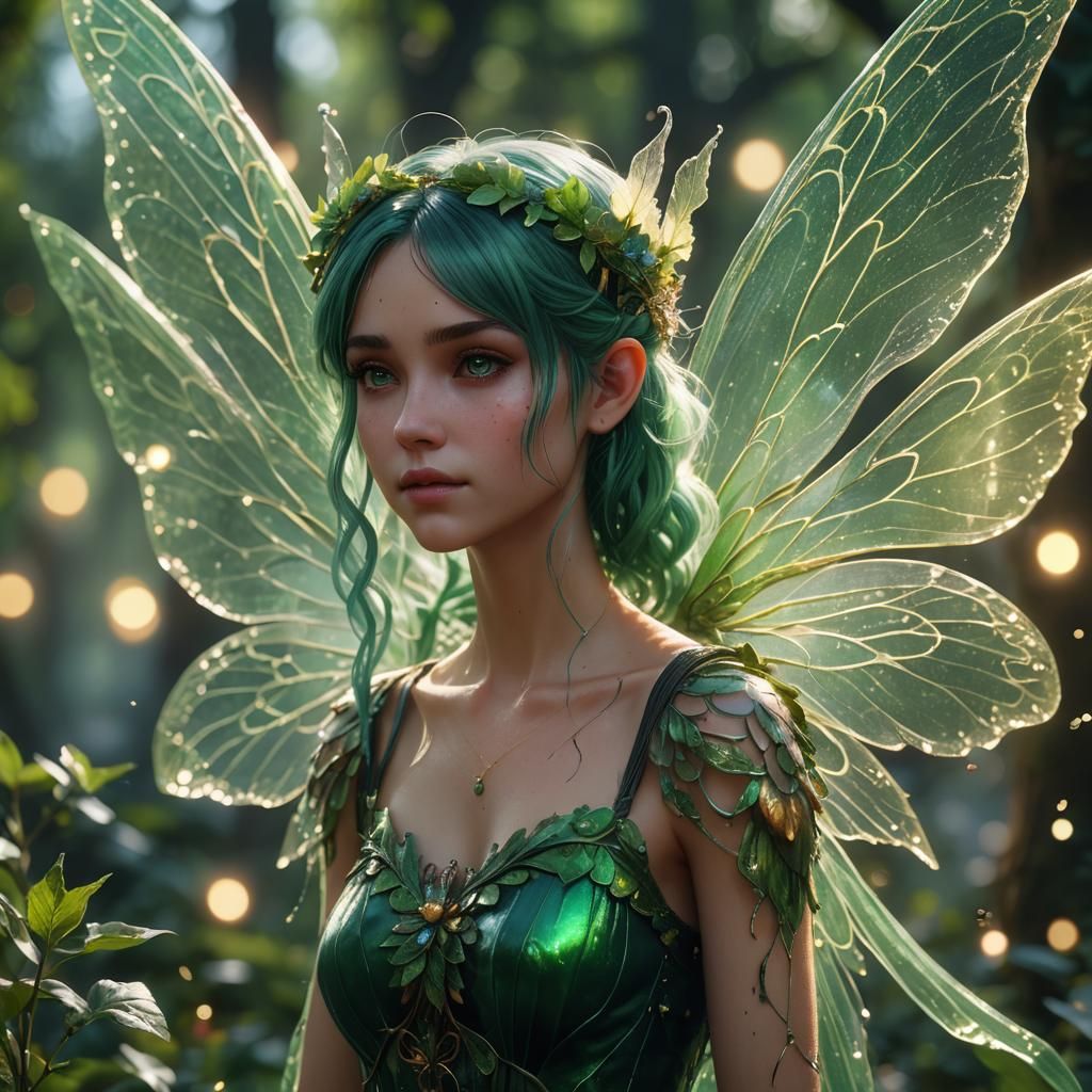 Ethereal Green-Haired Fairy with Translucent Wings