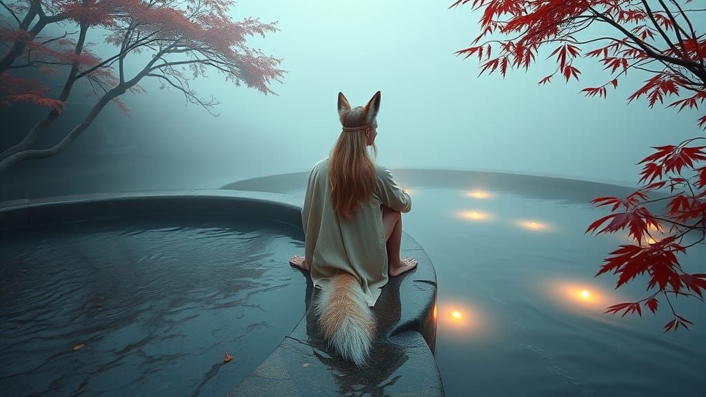 Fox-Man at Hot Spring in Ethereal Fog