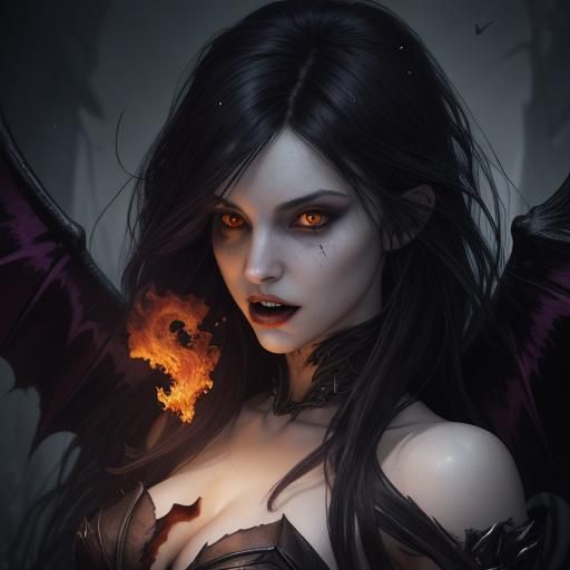Beautiful Vampire Woman with teeth showing and eyes blazing with fire for hair and black wings flying.