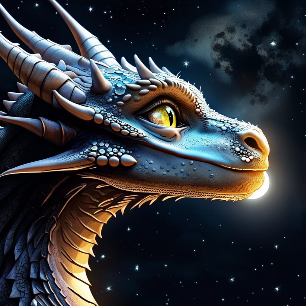 Adorable Dragon Gazing at Moon in Digital Art