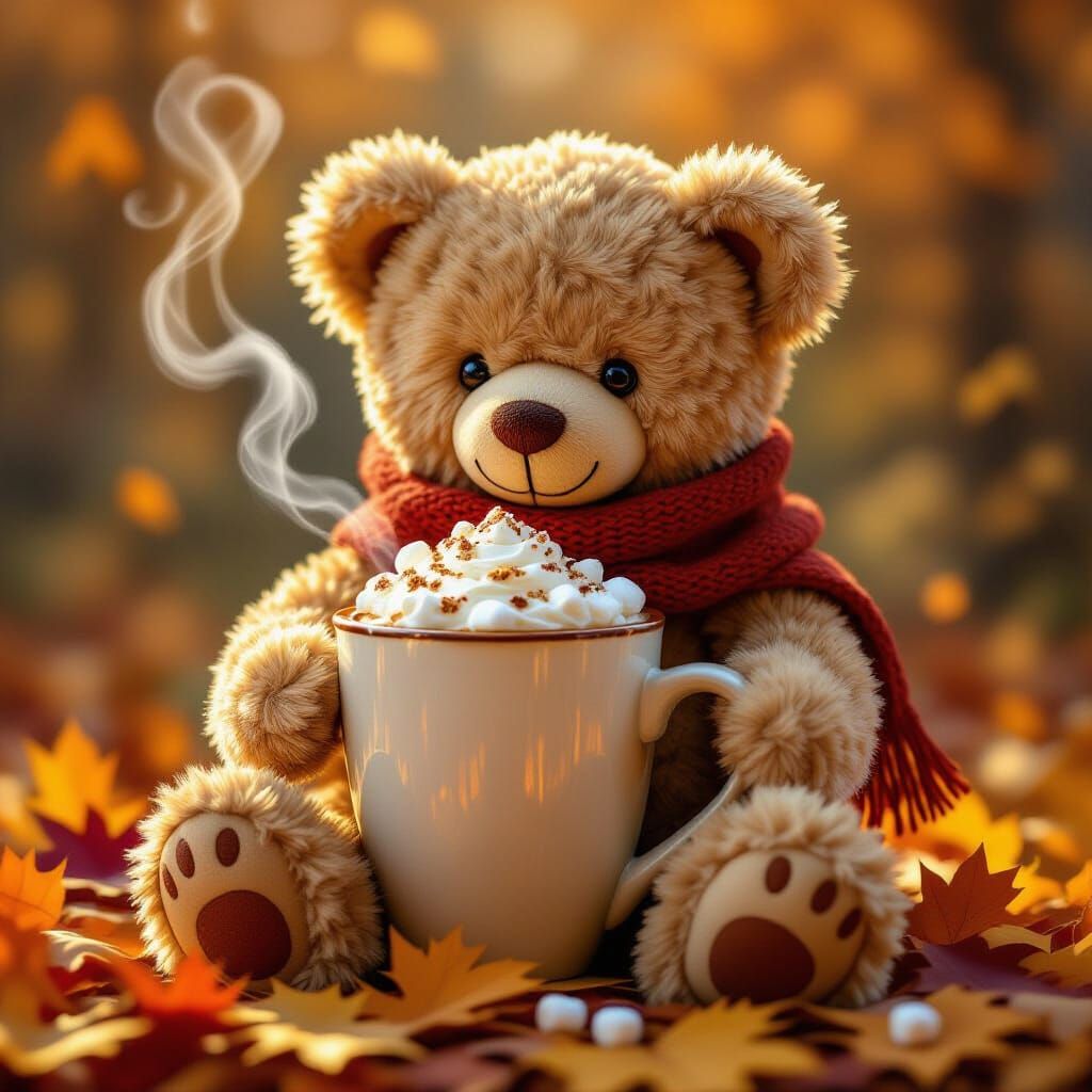 Adorable Teddy Bear Enjoys Hot Chocolate in Cozy Autumn Scen...
