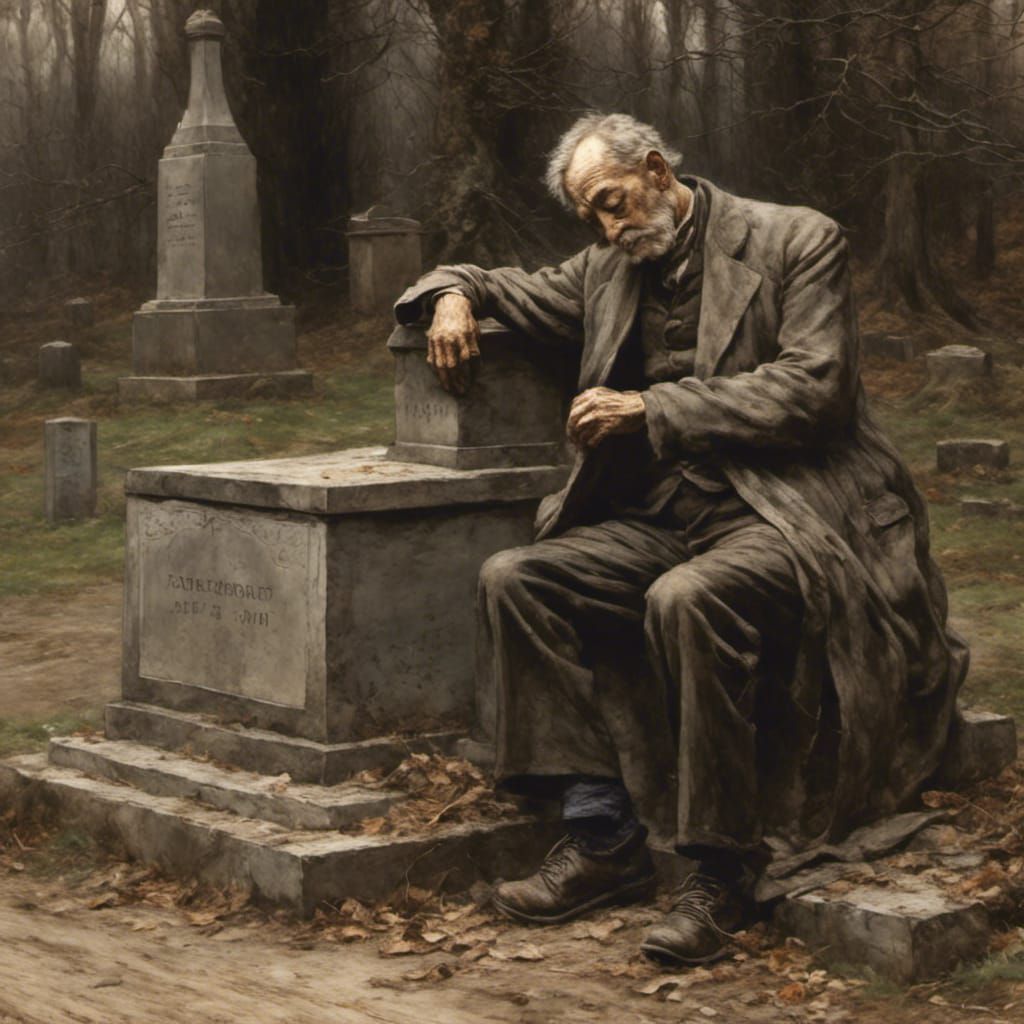 Old man sitting and grieving by a gravestone