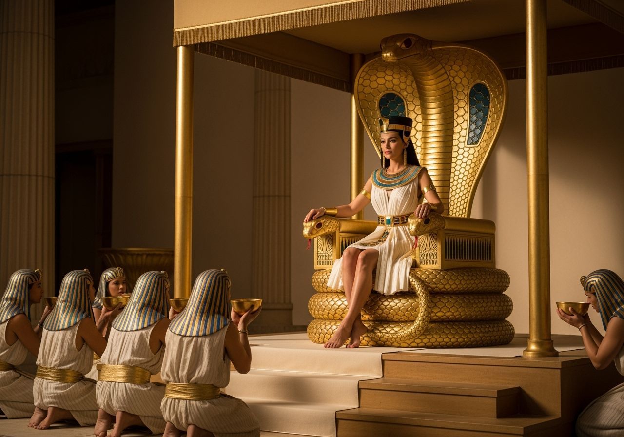 Egyptian Queen on Cobra Throne in Opulent Palace