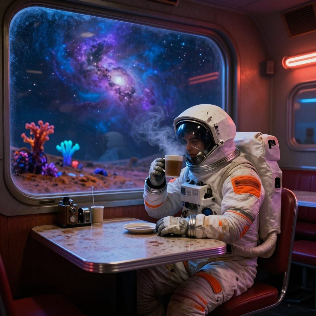 Astronaut in Retro Diner on Alien Planet