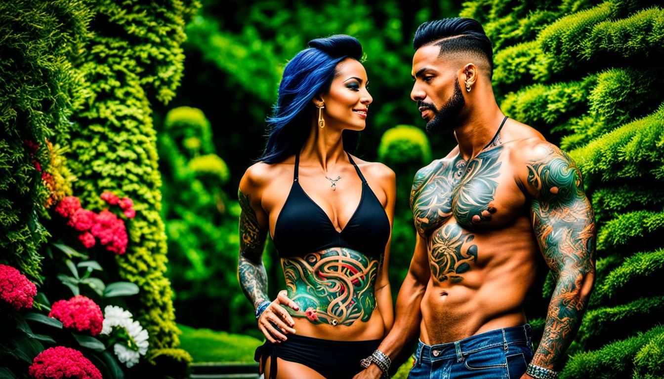 Man and woman  showing their colorful tattoos