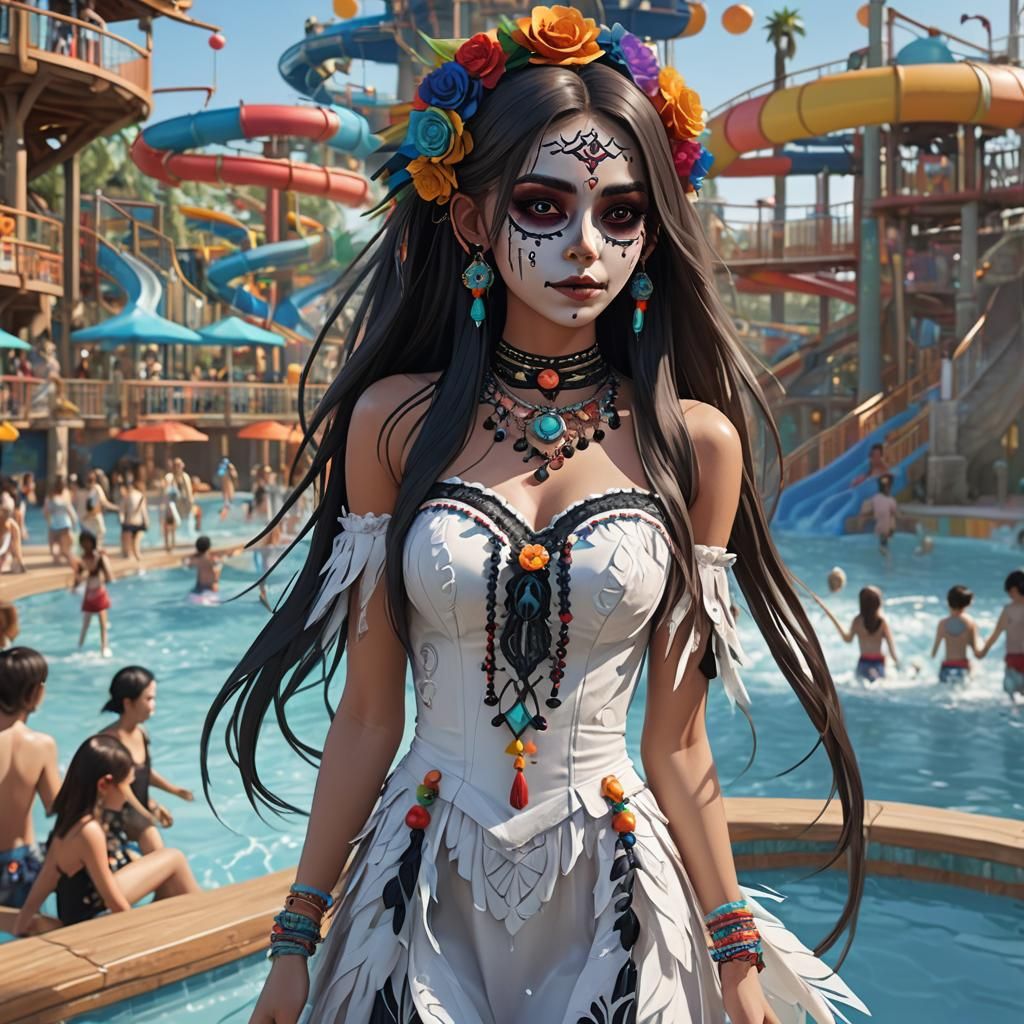 Day of the Dead Model at Water Park in Anime Style