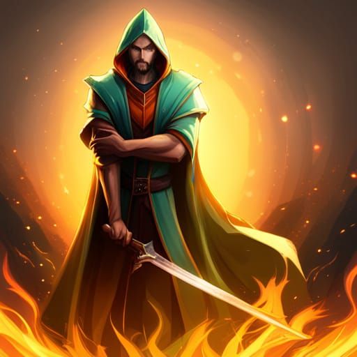 Human Sorcerer with Orange Flames in 8K