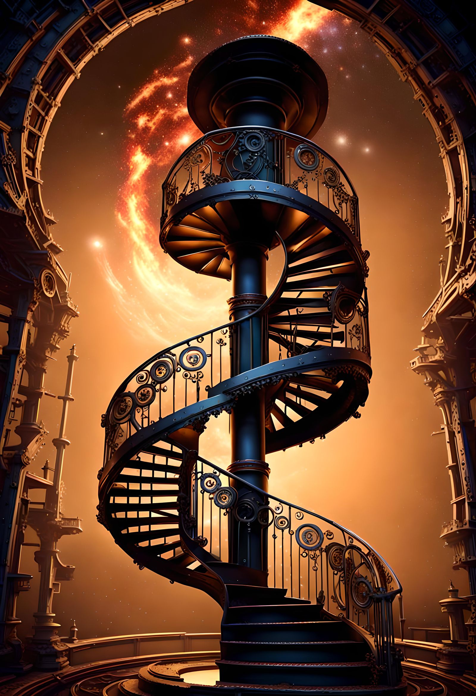 Ornate iron Spiral staircase in the shape of a double helix,...