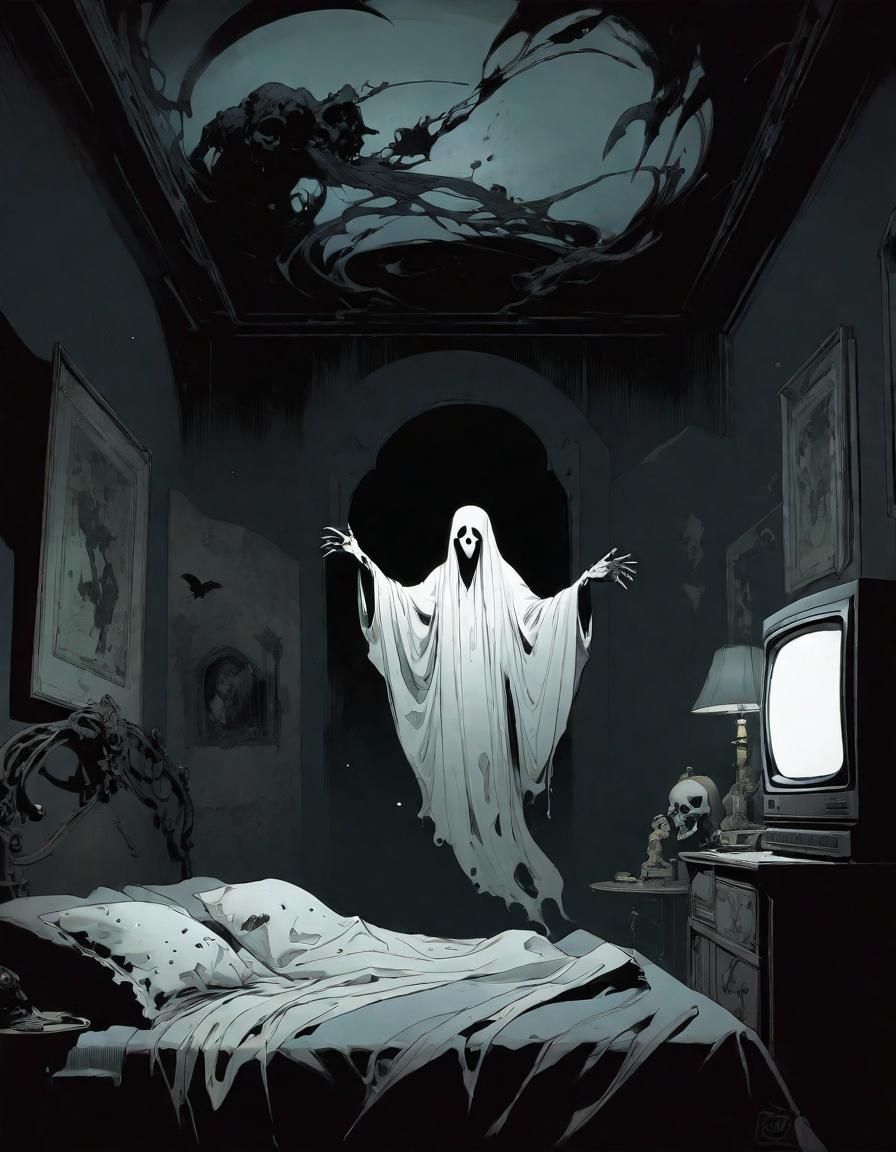 Ethereal Ghost Emerges from TV in Mignola Style
