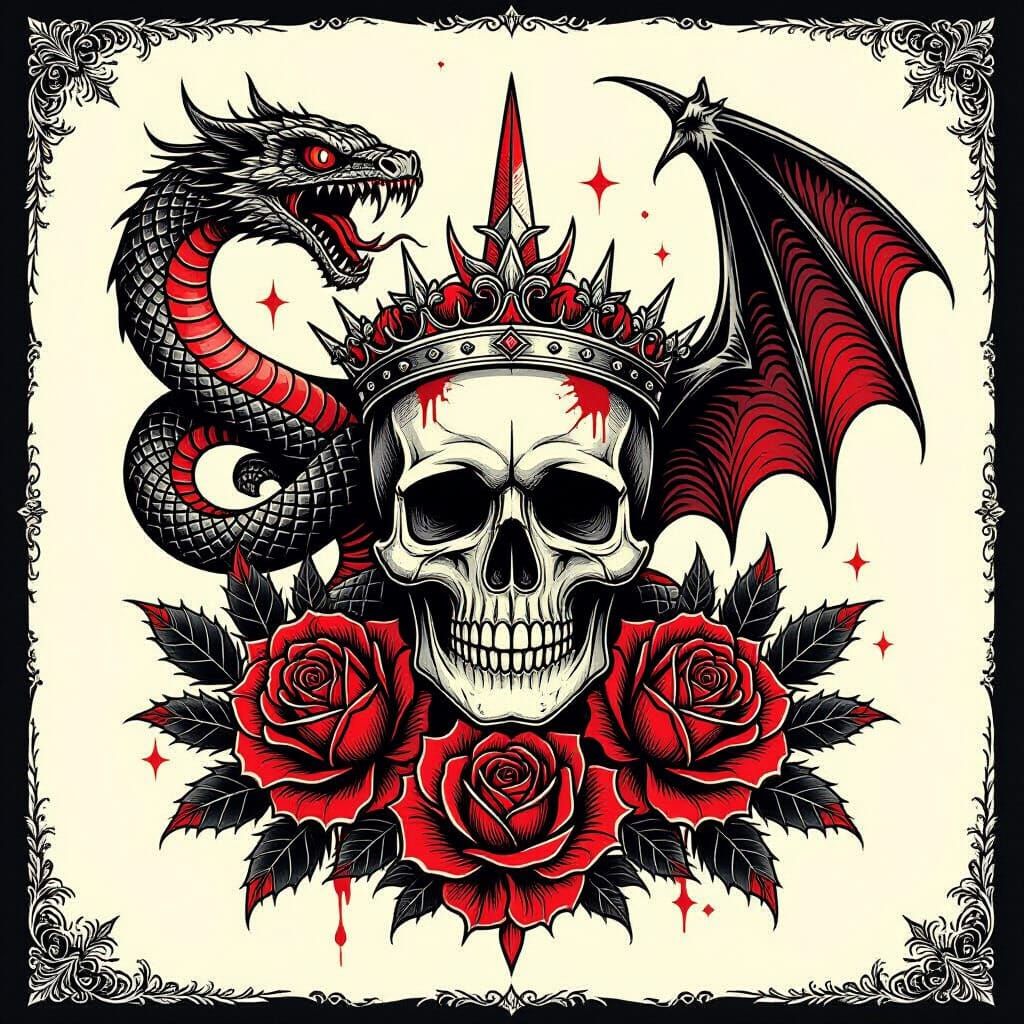 Gothic Tattoo Flash Sheet in Black and Red Ink