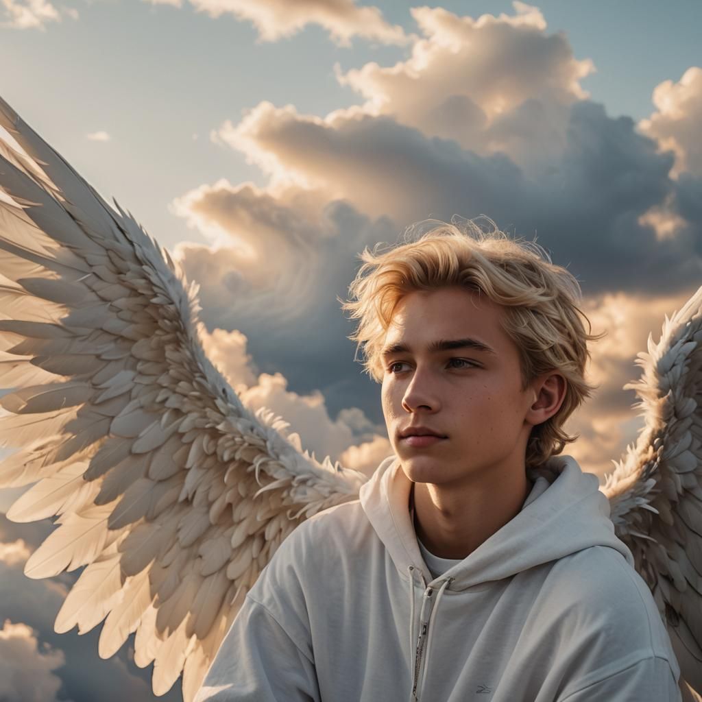 Young Angel with Wings in Golden Hour Light