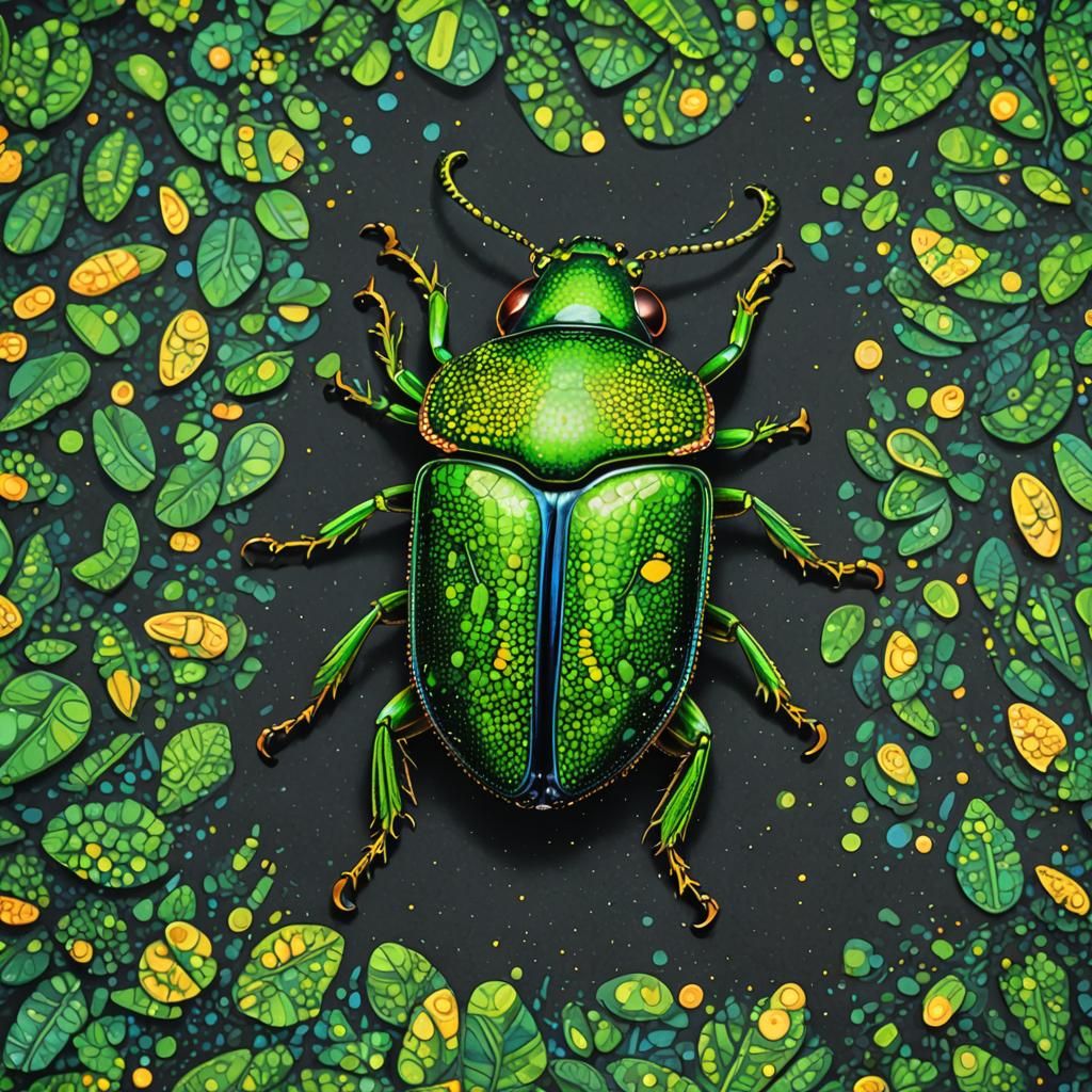 Green Beetle Pointillism Close-Up in Macro Style