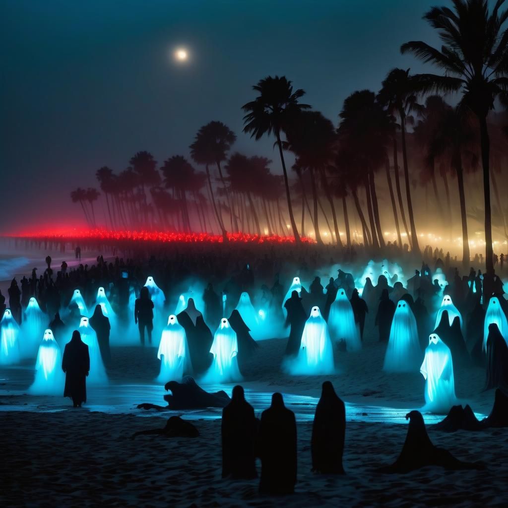 Bioluminescent Ghosts on Misty Beach in Hyperrealistic Style