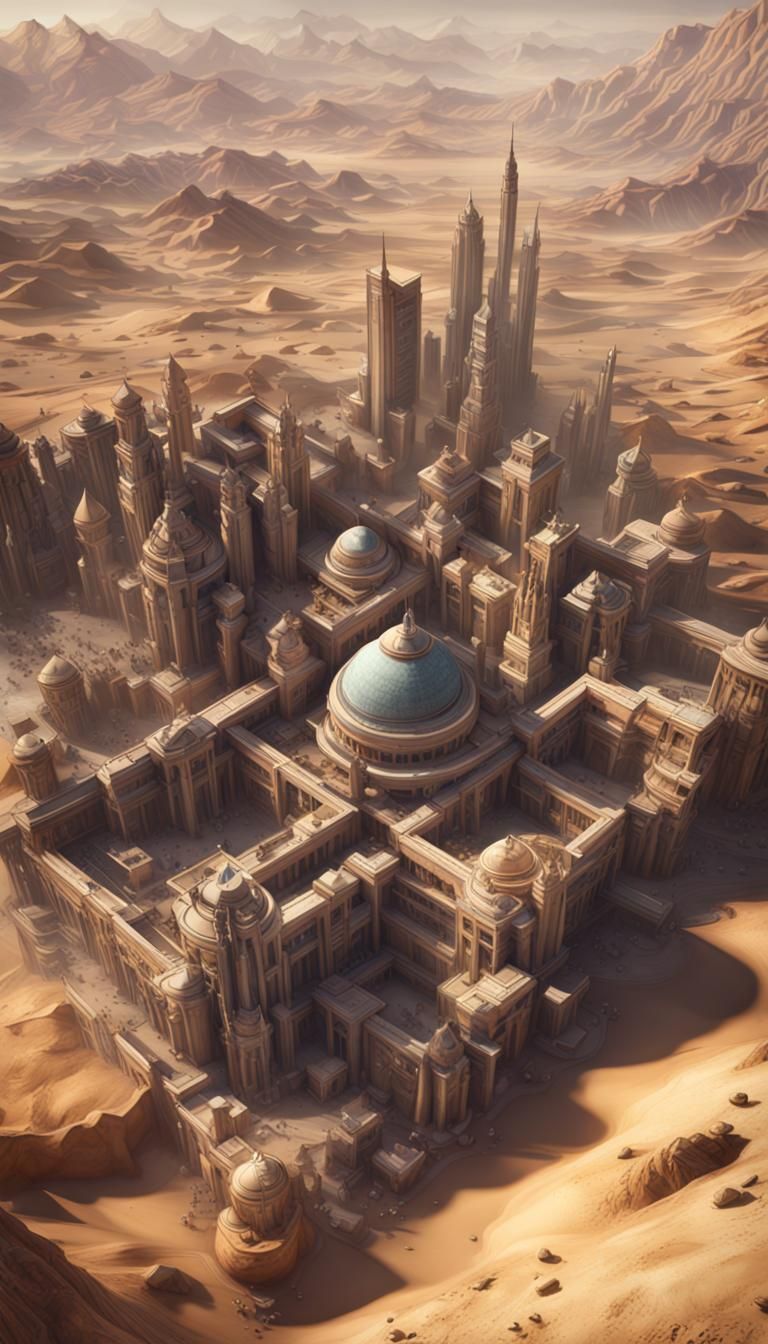 Futuristic Marble City Wall in Barren Desert