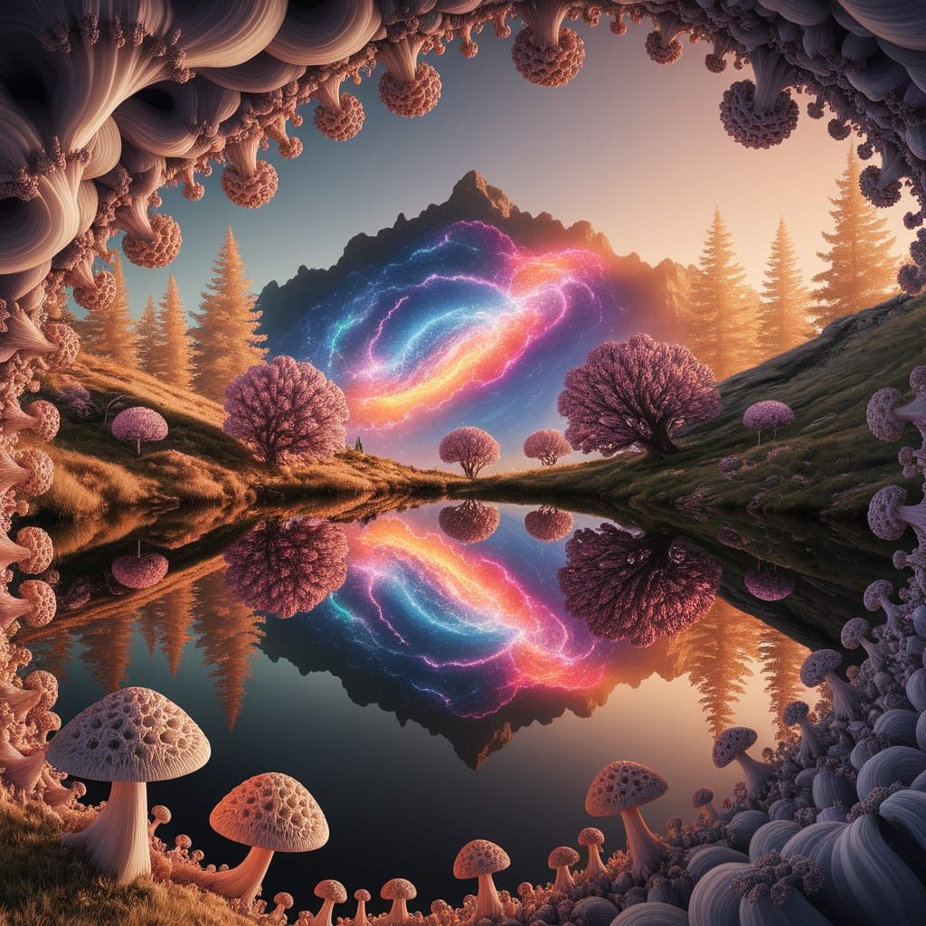 Cosmic Lake Reflection with Fractal Fungi