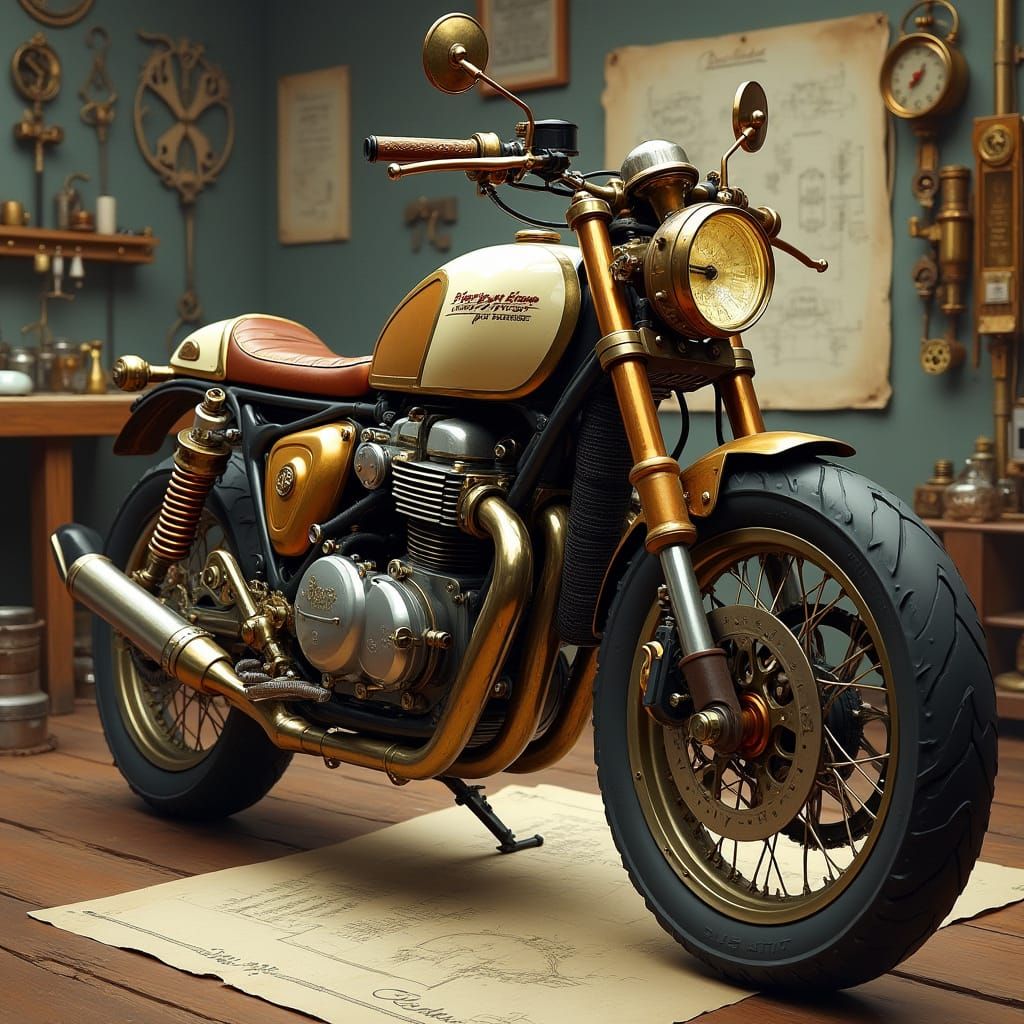Steampunk Ducati Scrambler in Victorian Workshop