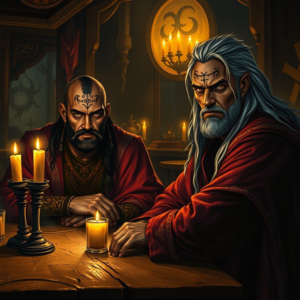 Mysterious Sorcerers in Candlelit Bar