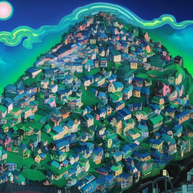 Surreal Victorian Village Optical Illusion in Digital Art