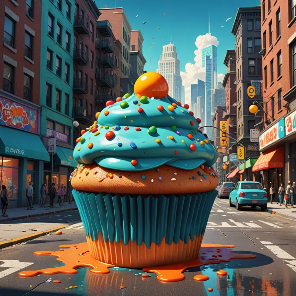 Giant Cupcake Parade in Vibrant Pop-Art Style
