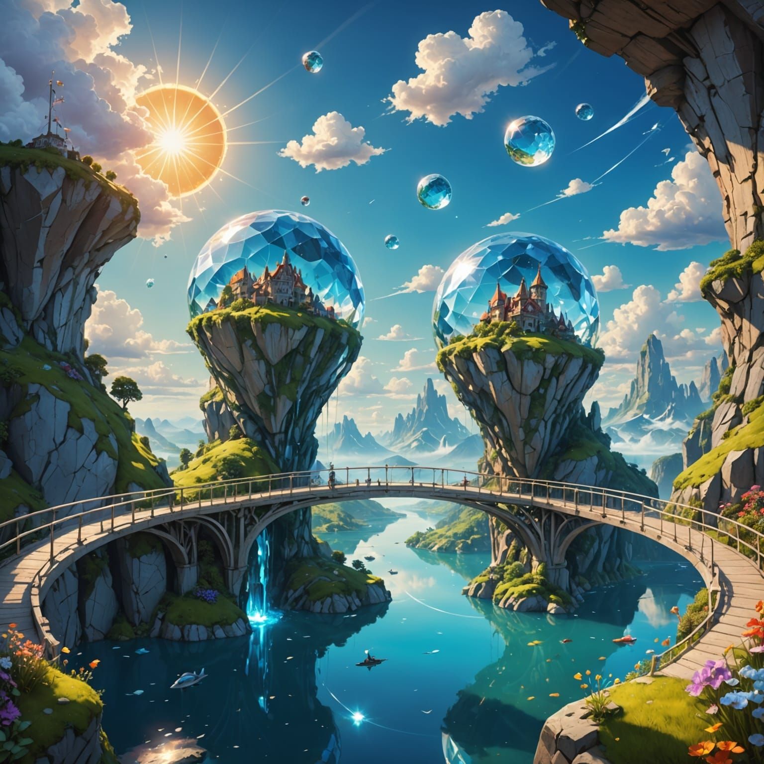 Whimsical Crystal Bridge in a Dreamlike Sky