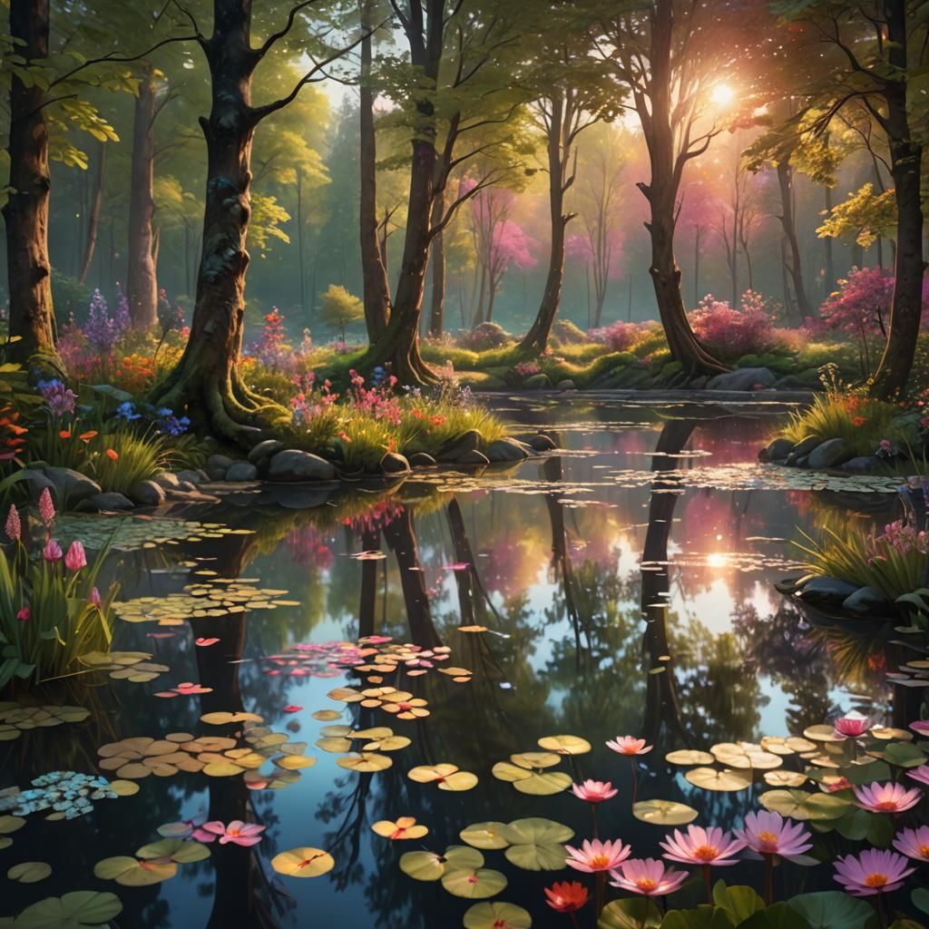 Serene Forest with Colorful Flowers at Sunset