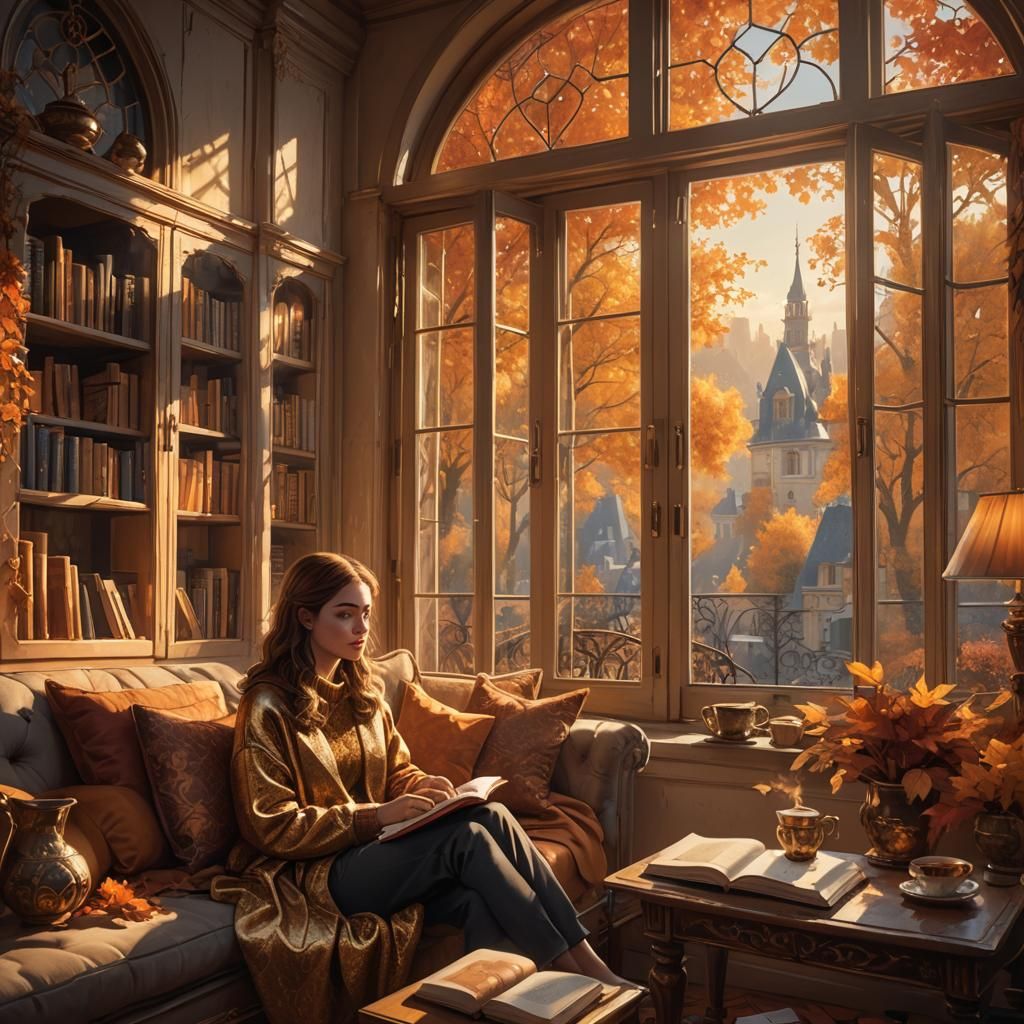 Cozy Autumn Reading Scene in Fantasy Art Style