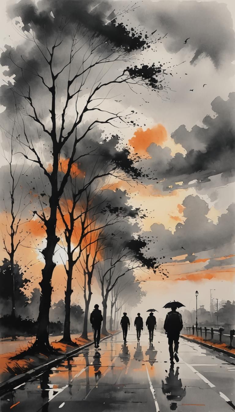 Minimalist Ink Painting of Windy Street at Sunset