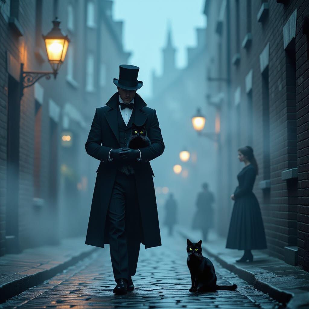Man with Cat in Victorian London Fog