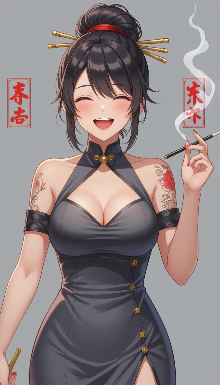Smiling Woman with Chopsticks in Niji Anime Style