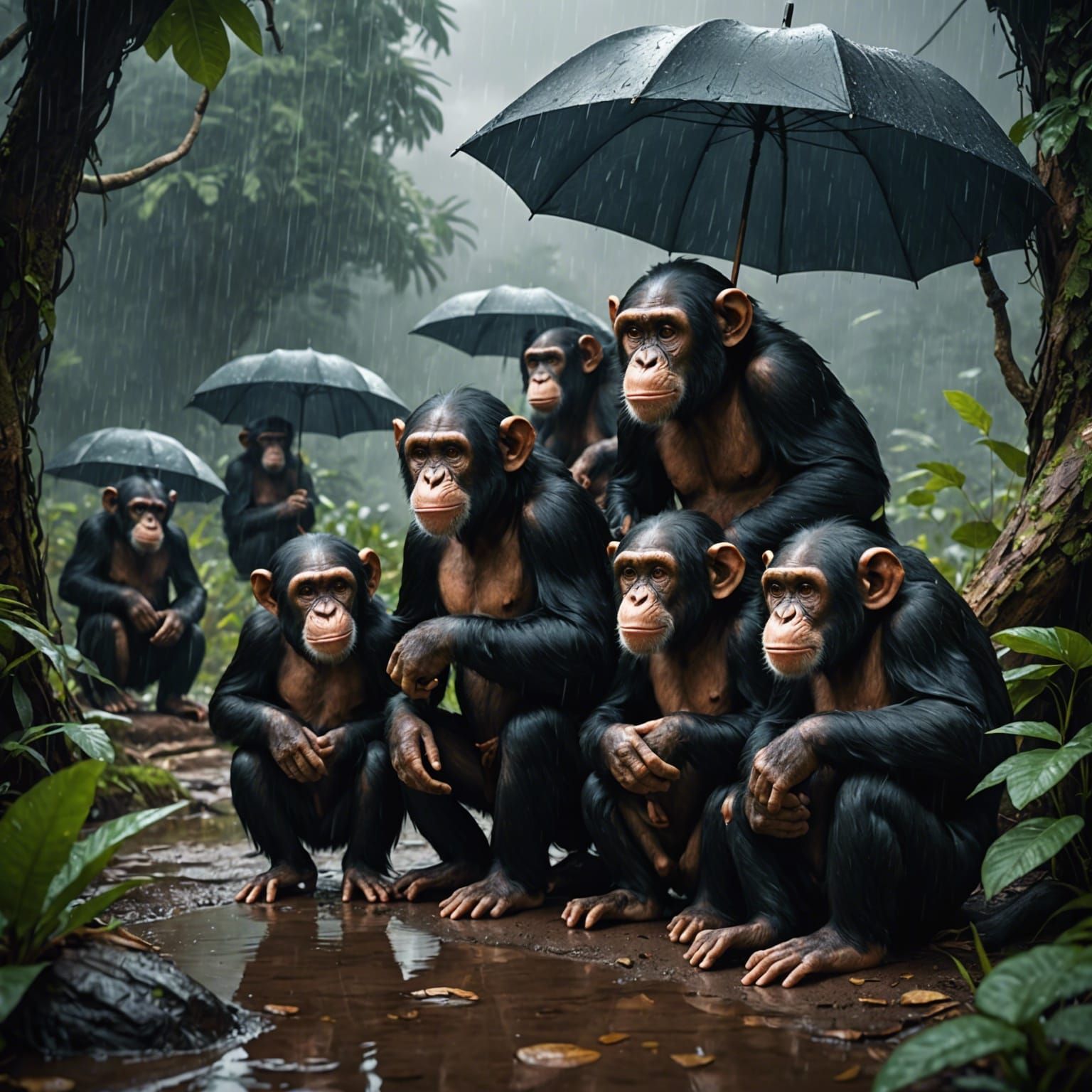 Chimpanzees Sheltering From Rain in Detailed Digital Art