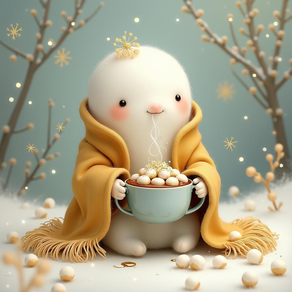 A tiny ghost wrapped in a cozy blanket, holding a cup of hot...