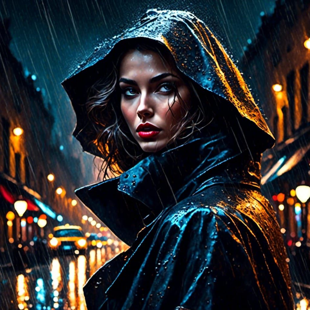 Rainy Night Portrait in Expressionistic Noir Style