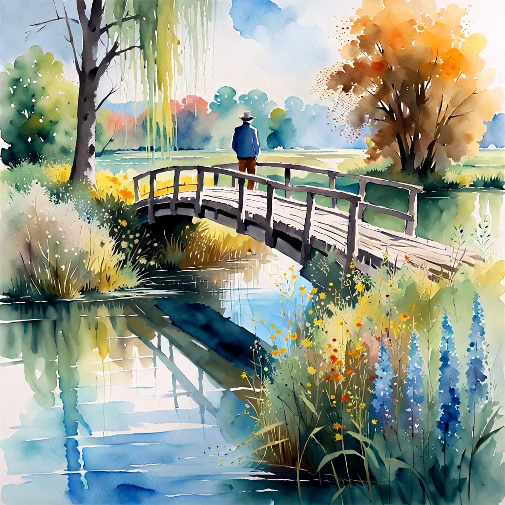 Watercolor Bridge Over Serene River in Autumn