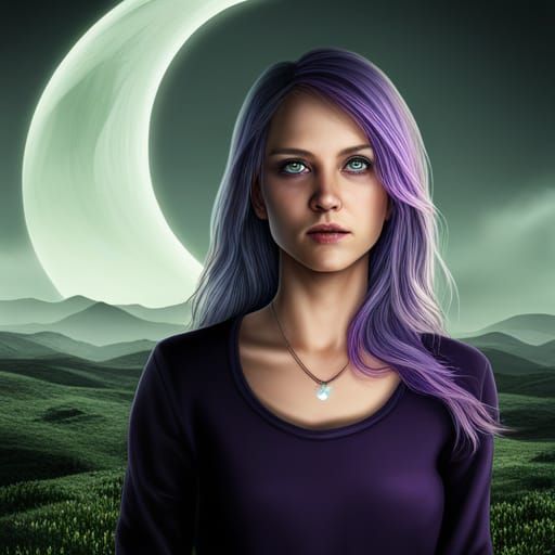 Girl with Colorful Hair in Front of the Moon