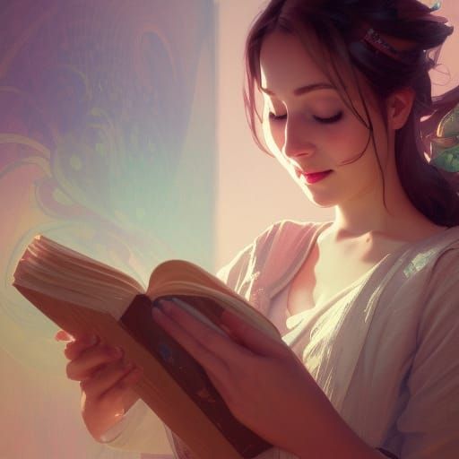 Sad Woman Reading Book in Art Nouveau Style