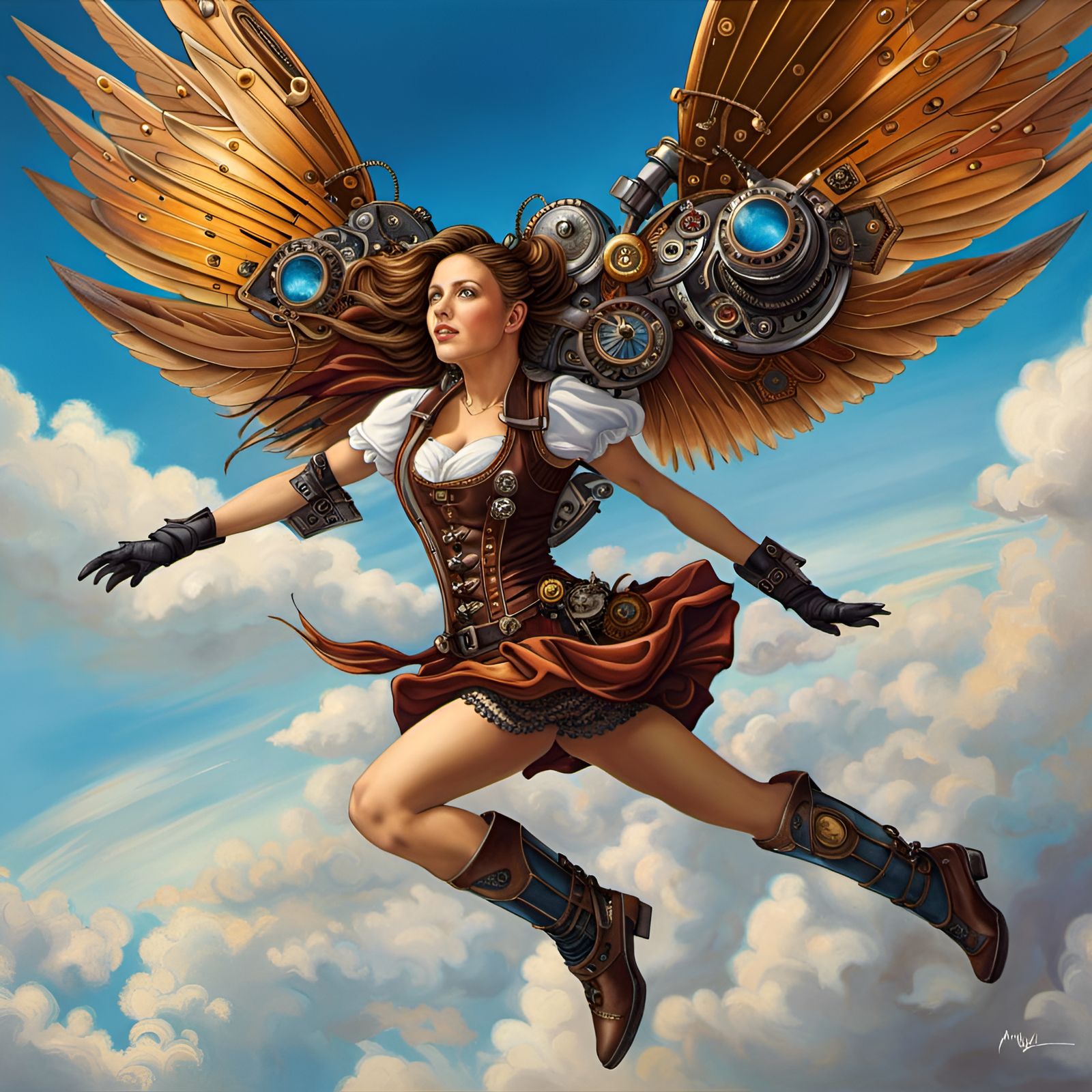Girl Flies with Steampunk Mechanical Wings