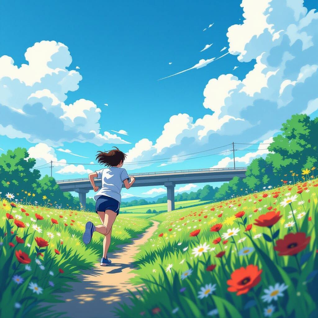 Anime Character Leaping Over Garden Path in Cinematic Style