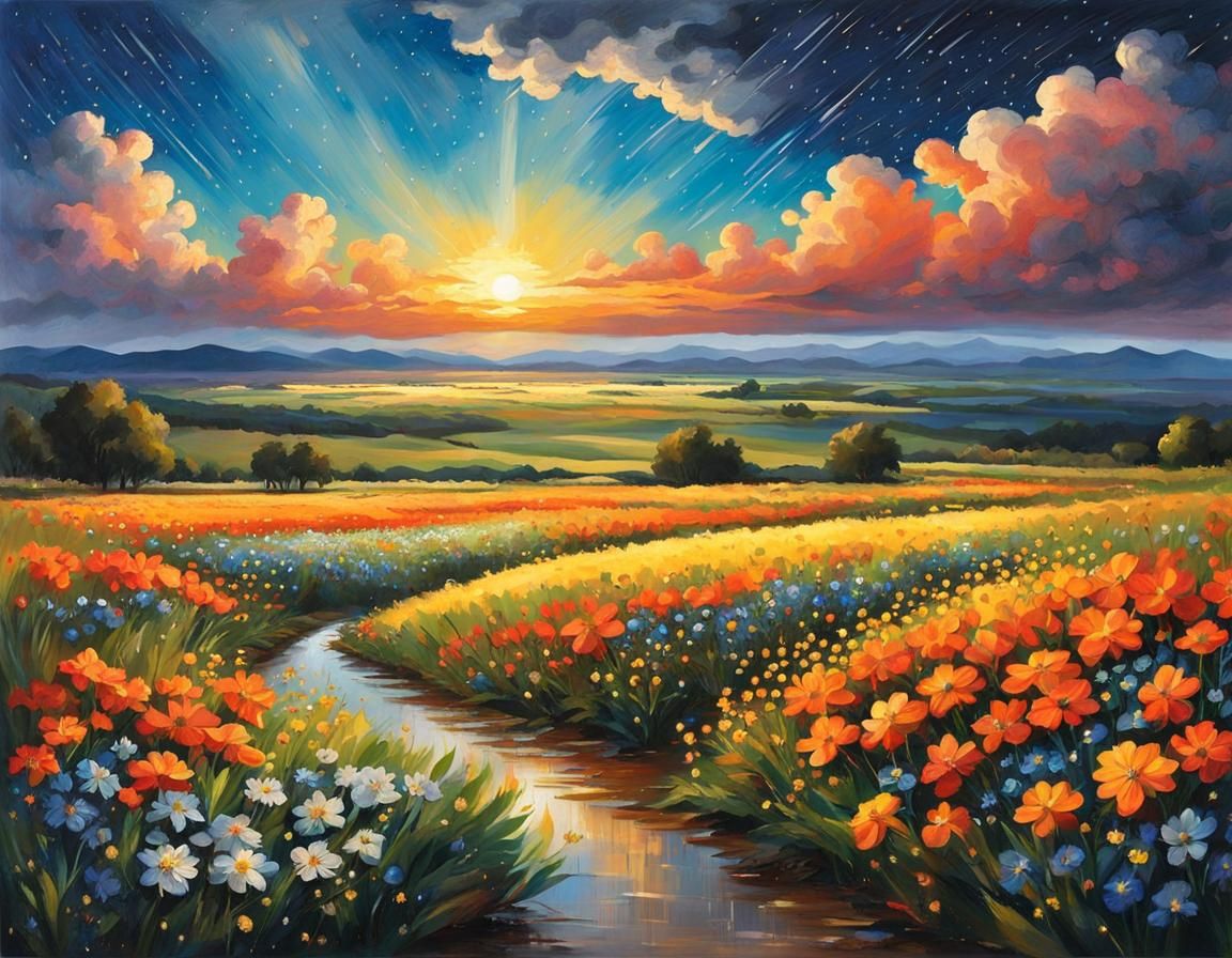 The landscape of a vast plain with starry flowers,