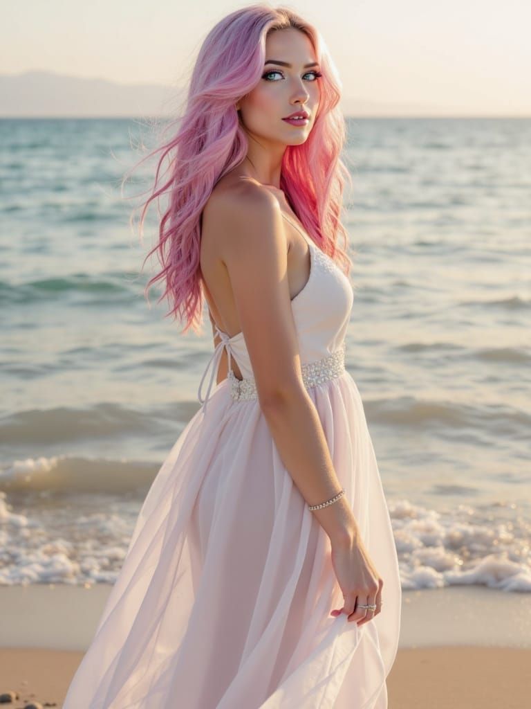 Princess with Pink Hair on Greek Beach in White Gown
