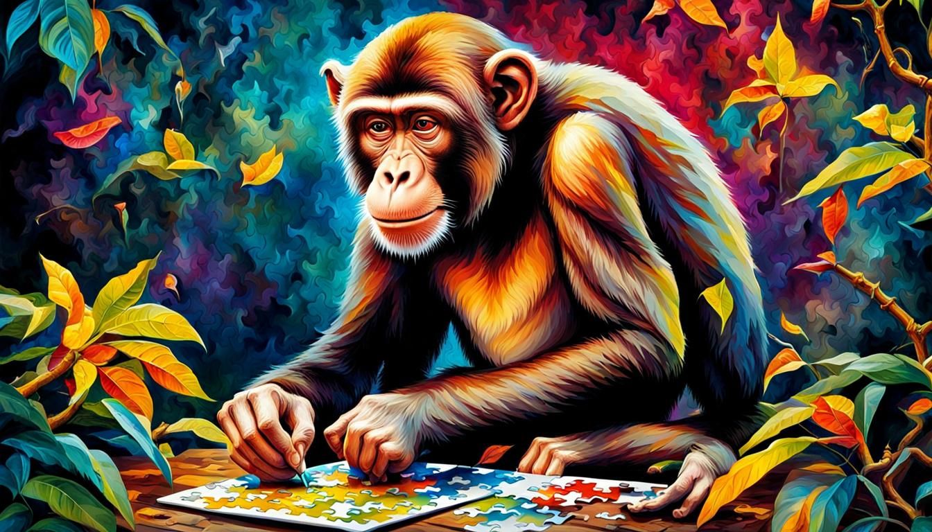 Monkey Solves Monkey Puzzle: Vibrant Digital Art